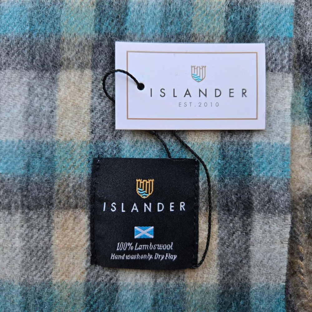 NWT Islander Lambswool Scarf Blue, Black & Tan Plaid - Picture 3 of 6